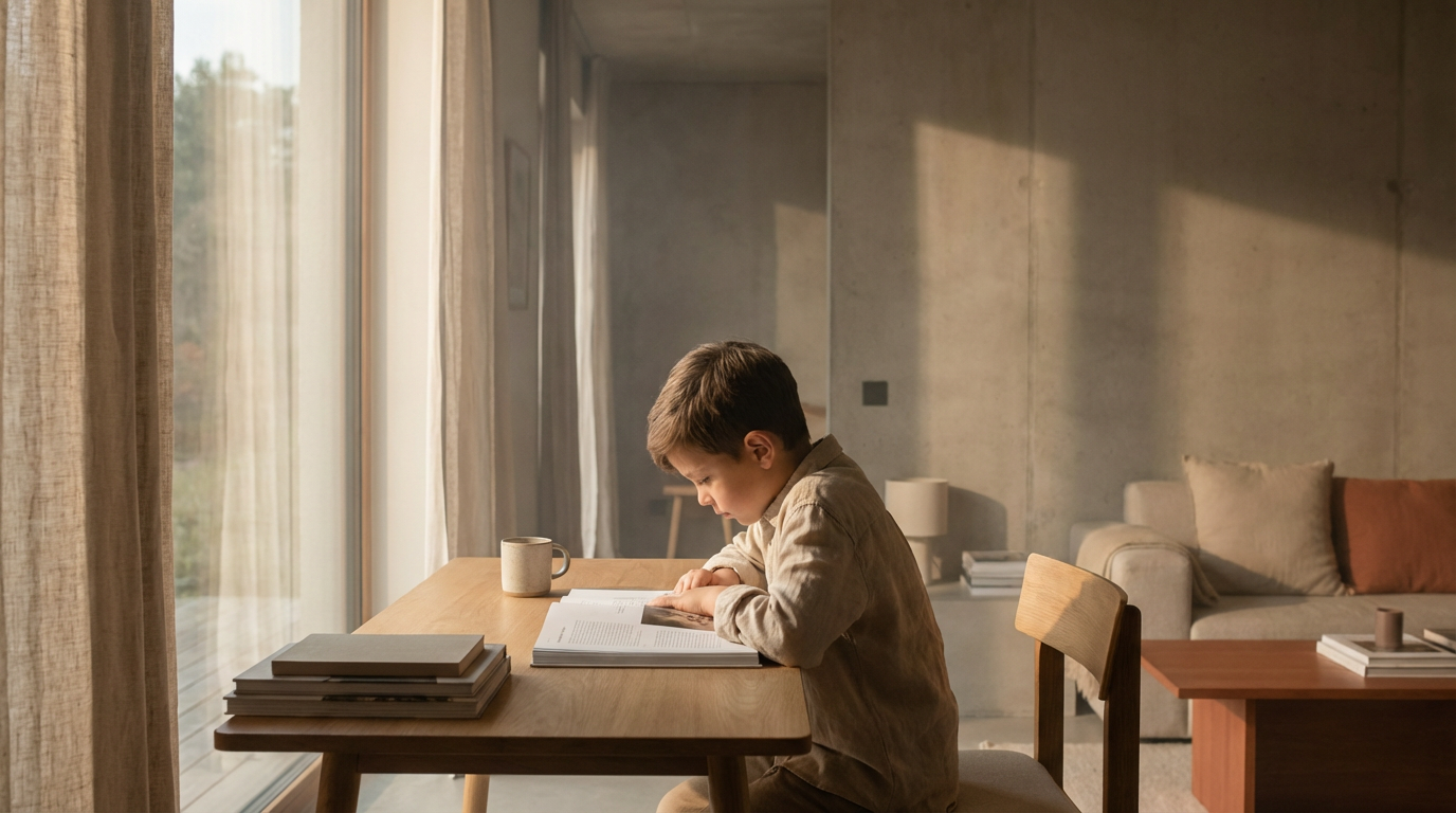 Boy studying by window